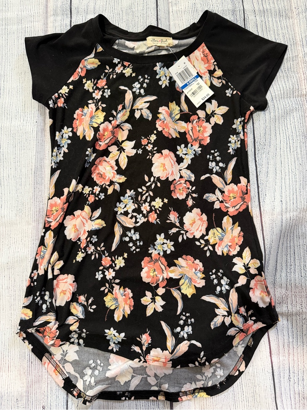 Ultra Flirt Black Floral Tee with Pink, Yellow and Blue Flowers